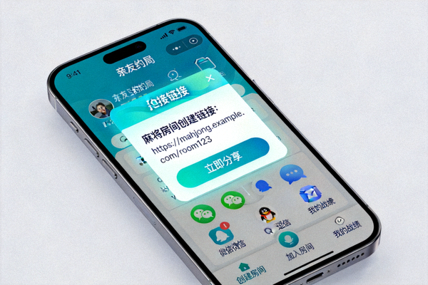 亲友约局功能界面，手机屏幕中分享麻将房间创建的链接，拉上好友一起线上组局开打